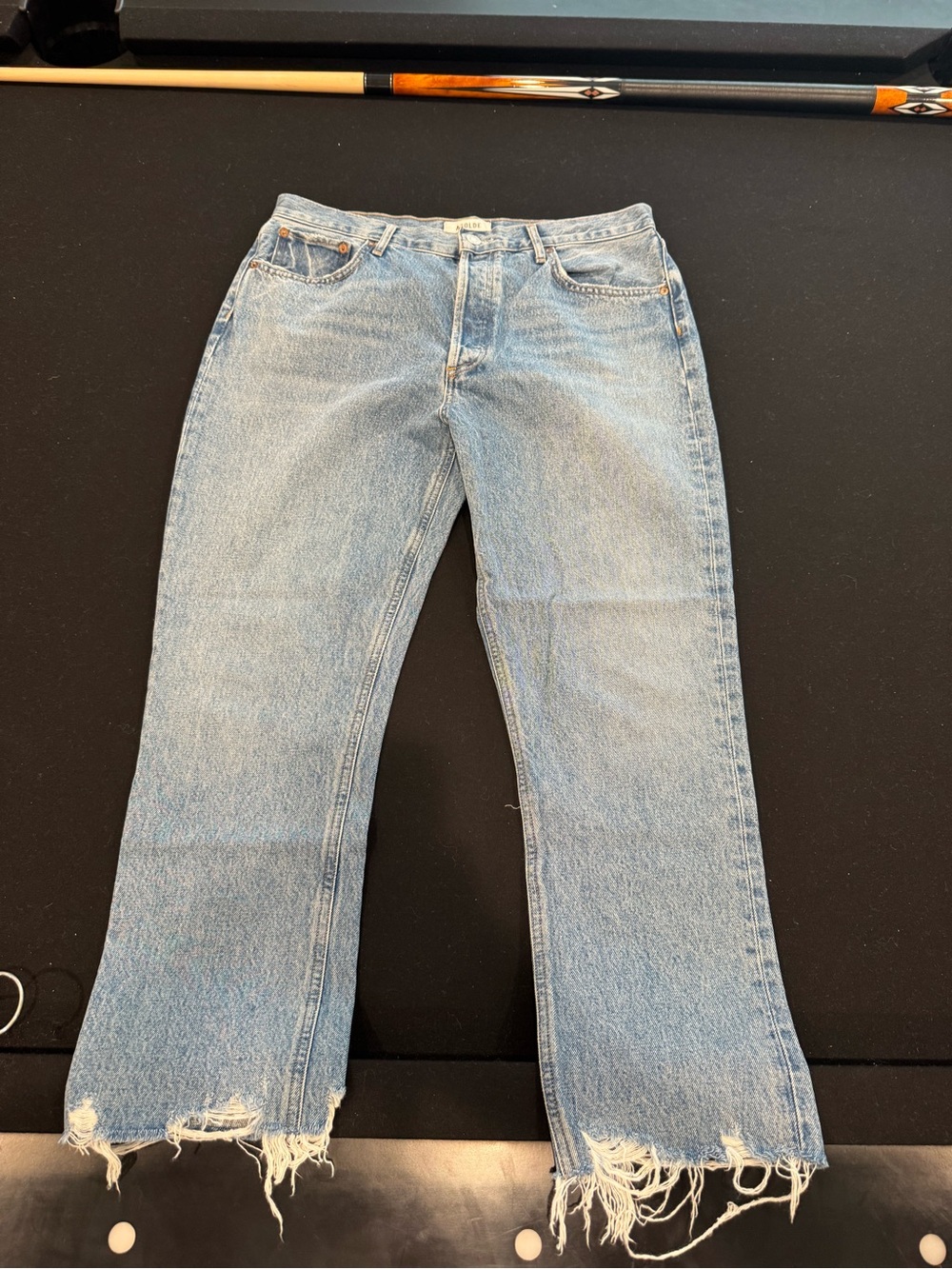 Agolde Light Blue Flare Jeans with Distressed Hem